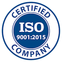 Blue circular seal with white text reading "CERTIFIED ISO 9001:2015 COMPANY".